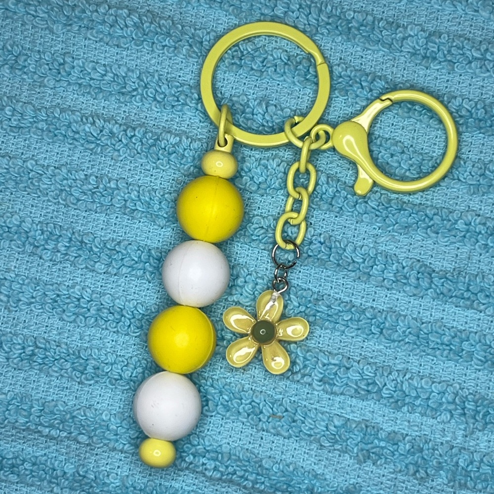 Yellow and White Beaded Keychain with Flower Charm